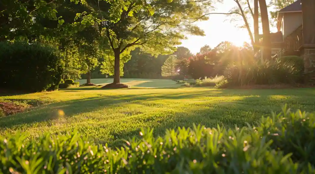 closeup of backyard grass at sunrise
